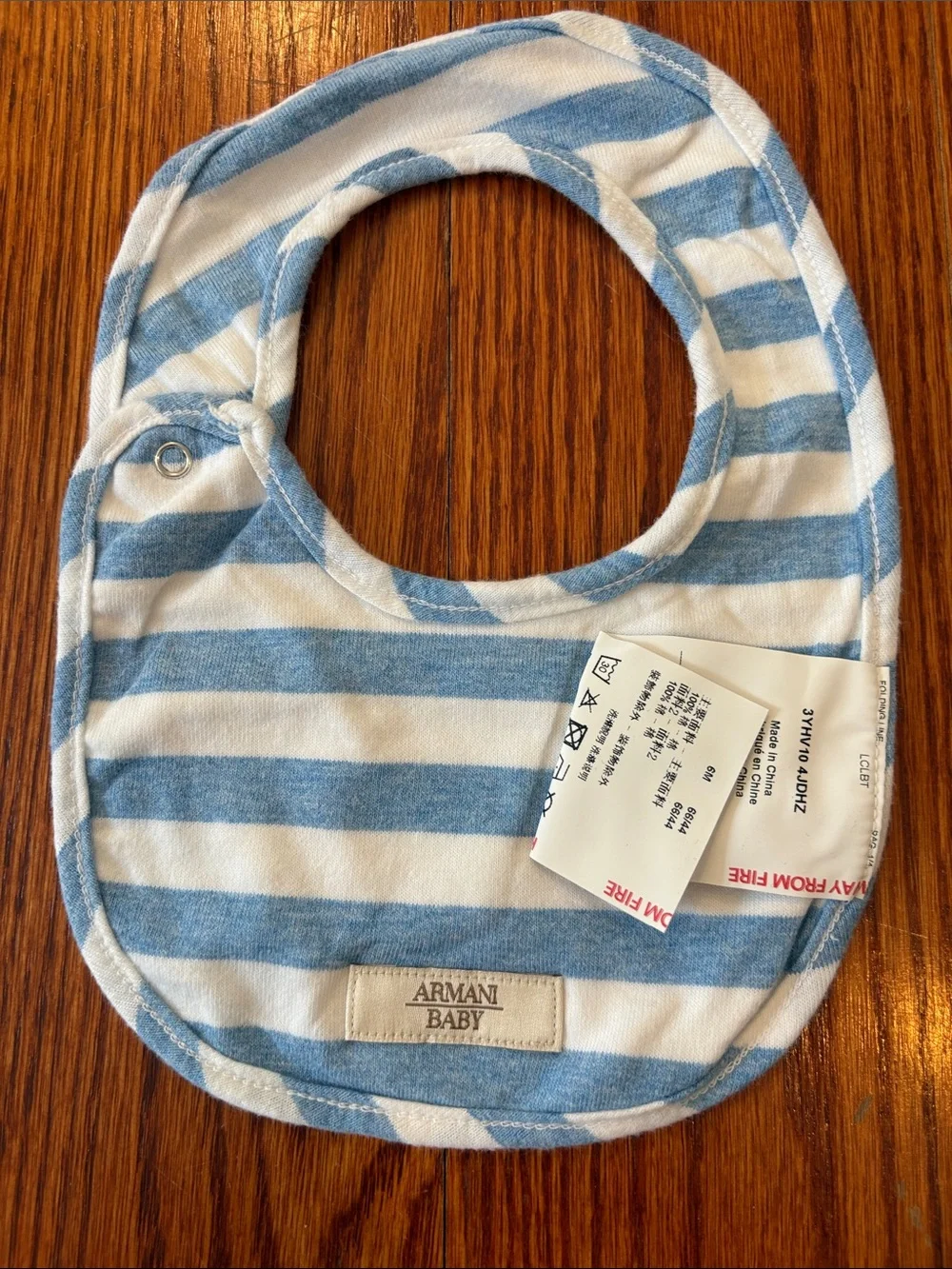 Giorgio Armani Baby White Bib with Blue Trim and Logo